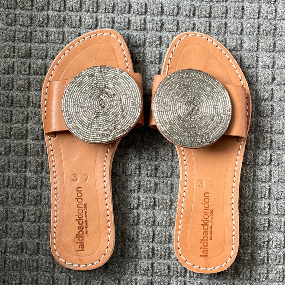 laidbacklondon Tan Leather Slide Sandals with Metallic Disc